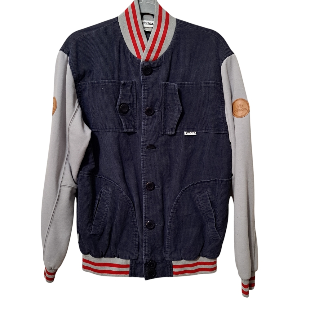 *Society Navy Blue and Gray Corduroy and Knit Letterman Style Jacket Size Large